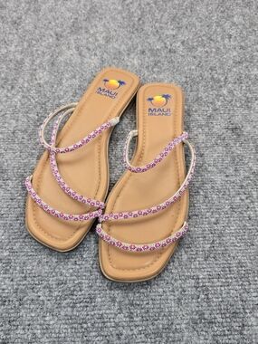 Maui Island Pink Rhinestone Strappy Slide Sandals Womens 8M Square Toe Casual